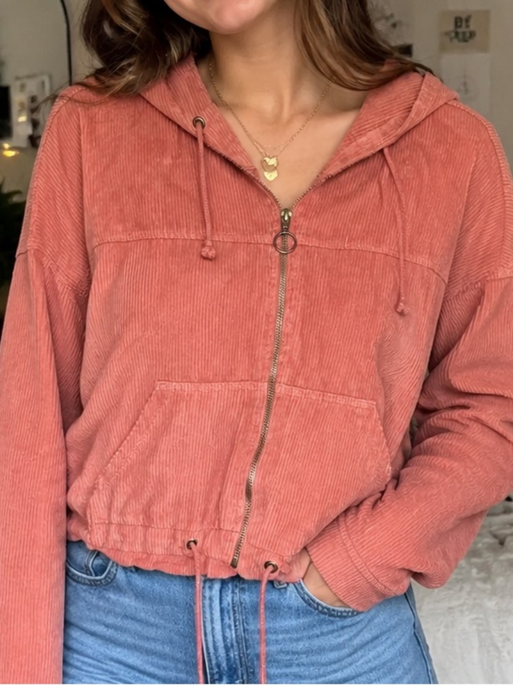 Hollister Cropped Zip up Y2K Corduroy Zip Hoodie Jacket- XL